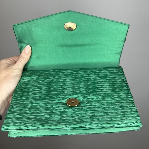 Vintage 50s Walborg Green Satin Evening Clutch with Gold Embellishment Handmade - Picture 8 of 11